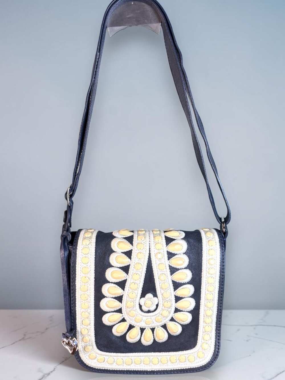 Brighton Masterpiece "Crown Jewel" Navy Leather Shoulder Crossbody Bag -Like New